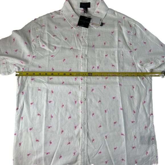 Magaschoni Man Short Sleeve Shirt Flamingos All Over Print Linen Blend Large NWT - Picture 4 of 13